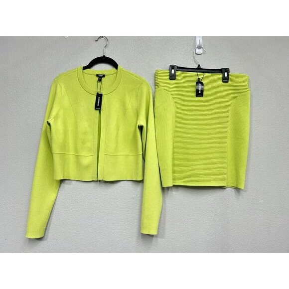 Express Body Contour Ribbed Crop Cardigan And Mini Skirt Set Medium Lime NWT - Picture 2 of 12